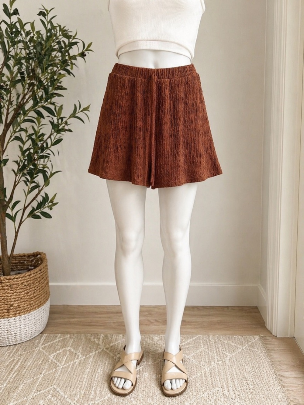 Rust Brown Textured Skort Shorts Women’s Medium Pull On Flowy Summer Skort